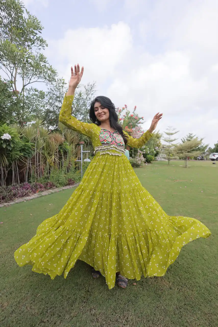 Fancy Mehendi Faux Georgette Bandhani Print Work Gown - Image 3