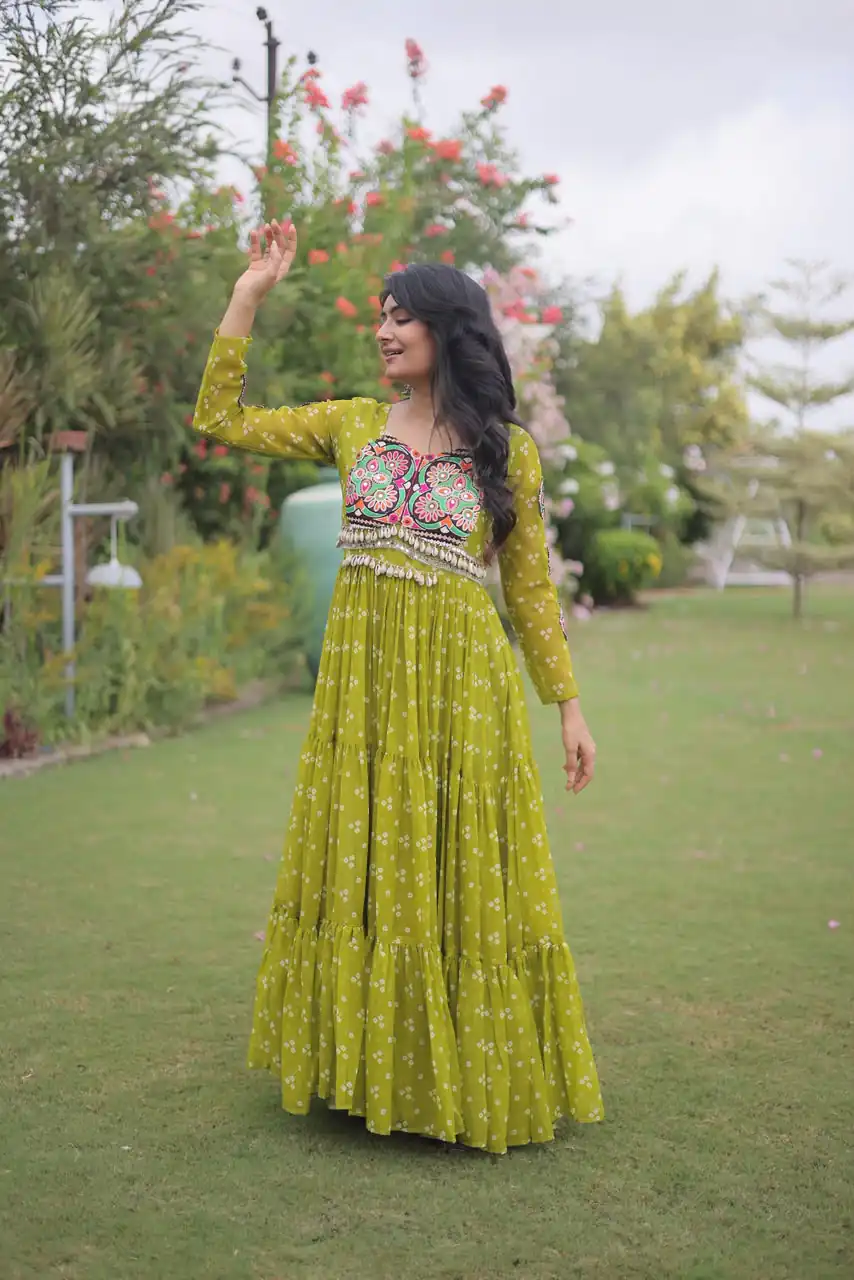 Fancy Mehendi Faux Georgette Bandhani Print Work Gown - Image 2