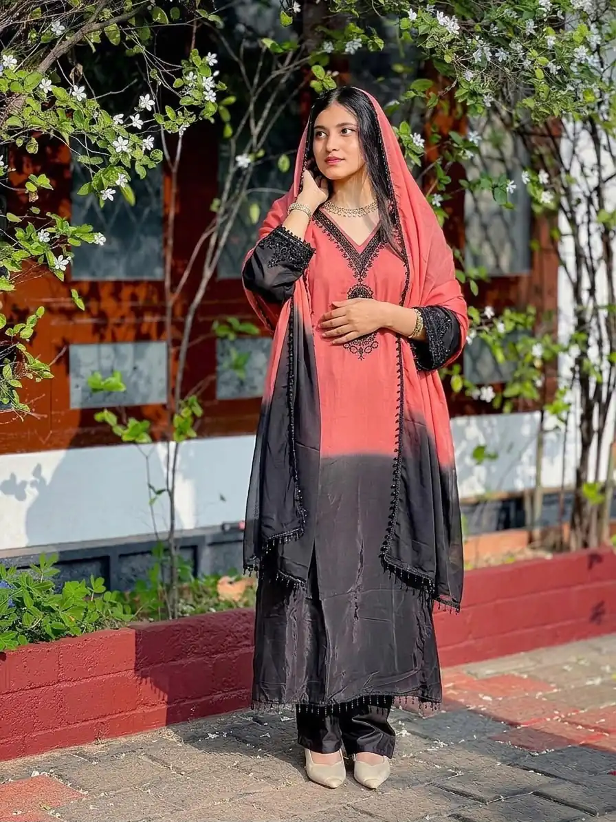 Fancy Peach French Crep Silk Embroidery Salwar Suit - Image 3