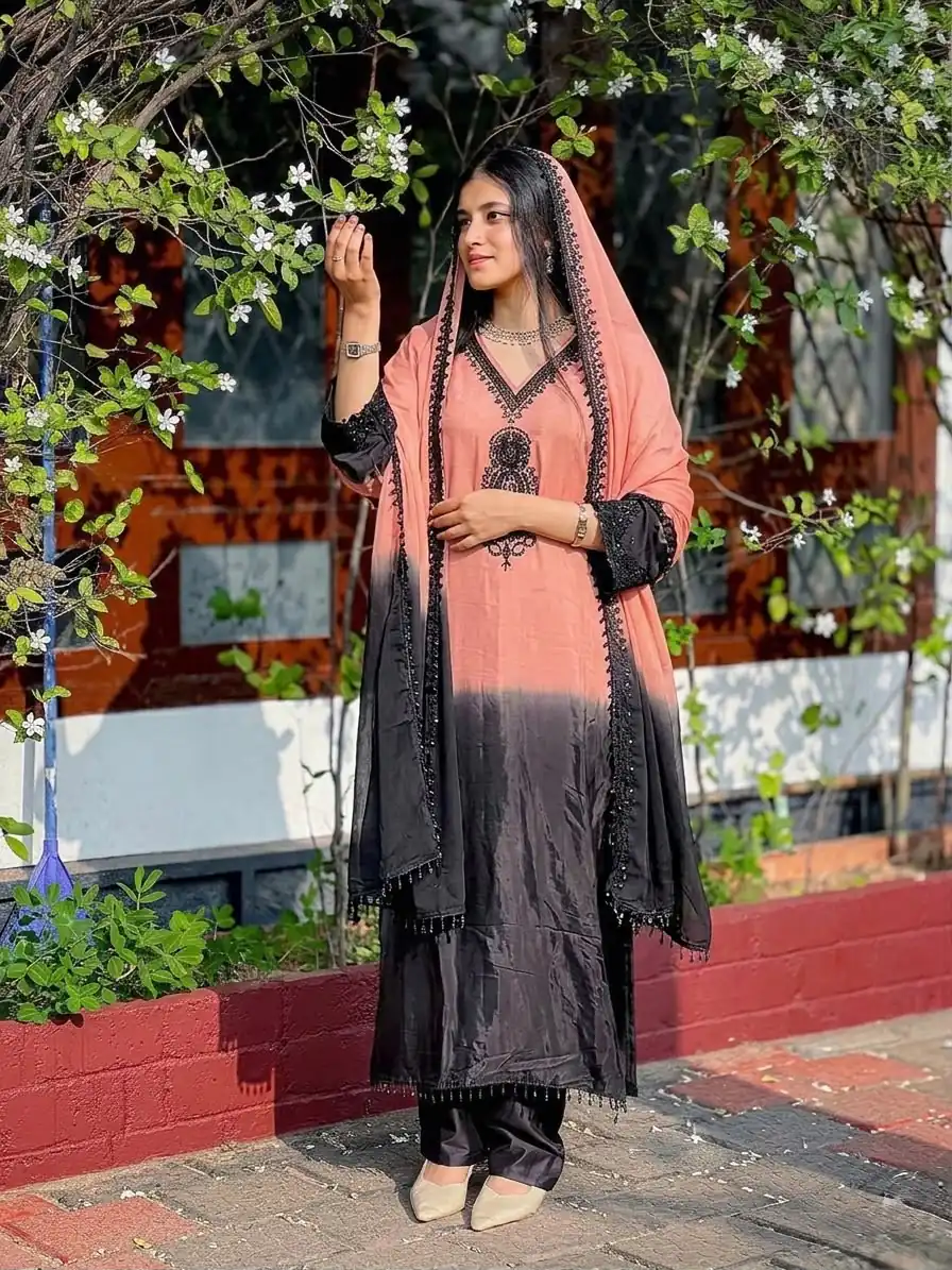 Fancy Peach French Crep Silk Embroidery Salwar Suit - Image 2