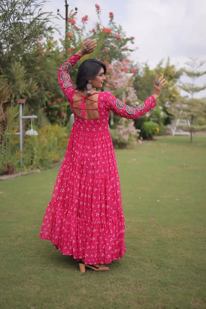Fancy Pink Faux Georgette Bandhani Print Work Gown - Image 5
