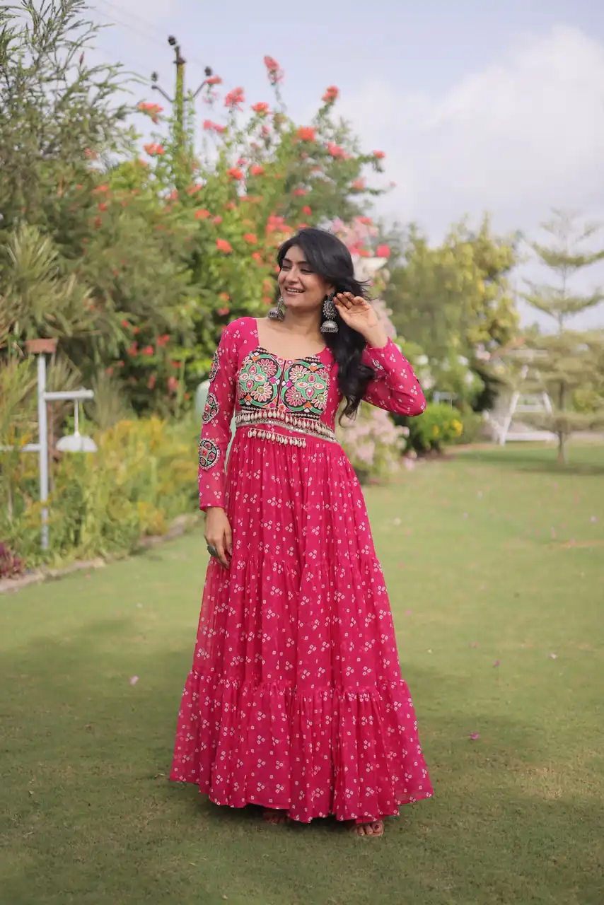 Fancy Pink Faux Georgette Bandhani Print Work Gown - Image 4