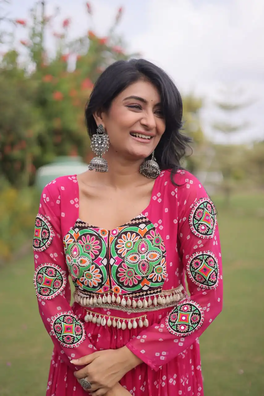 Fancy Pink Faux Georgette Bandhani Print Work Gown - Image 2