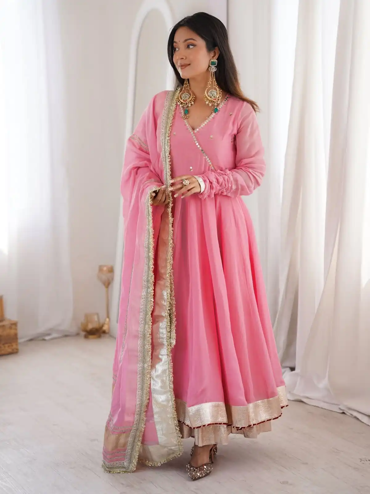 Fancy Pink Tabby Organza Silk Hand Work Gown - Image 4