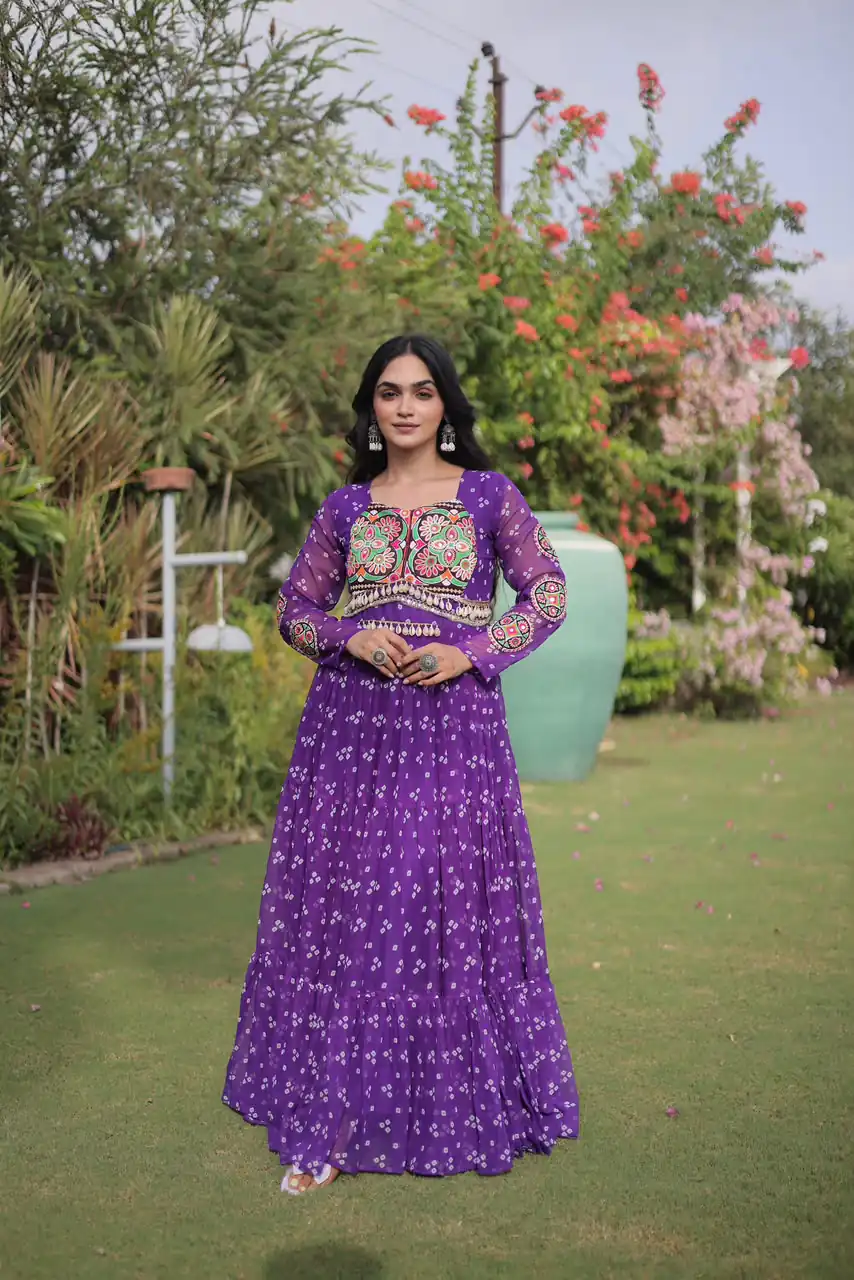 Fancy Purple Faux Georgette Bandhani Print Work Gown - Image 5
