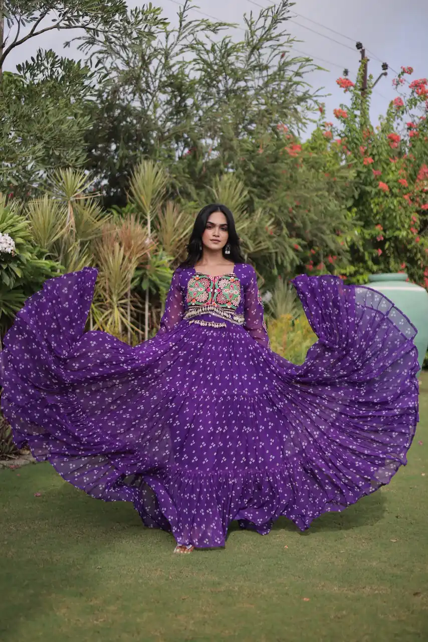 Fancy Purple Faux Georgette Bandhani Print Work Gown - Image 3