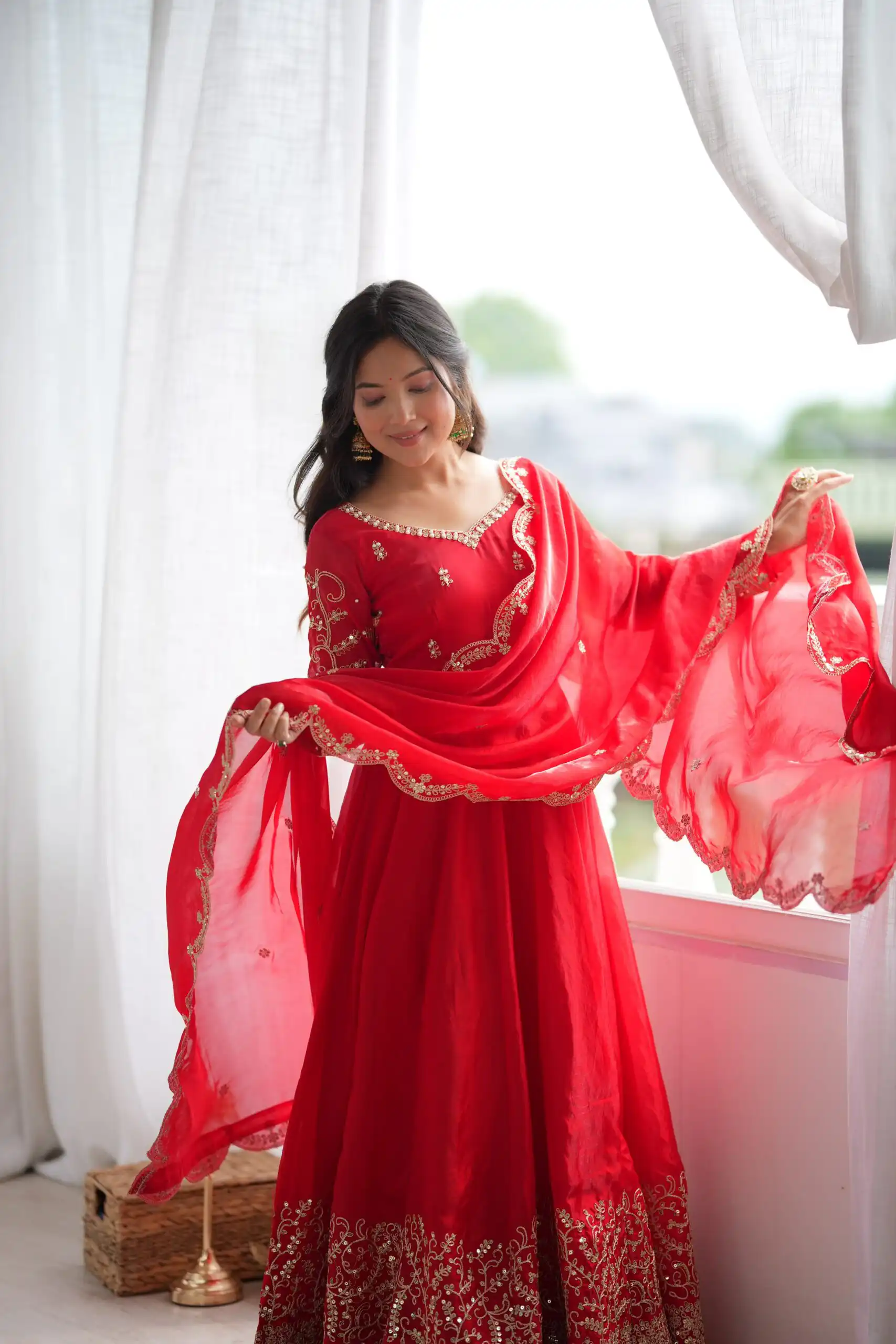Fancy Red Fendy Silk Embroider Sequins Work Gown - Image 12