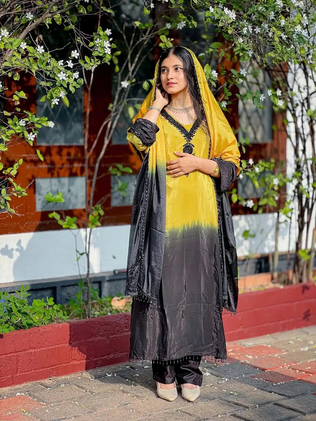 Fancy Yellow French Crep Silk Embroidery Salwar Suit - Image 4