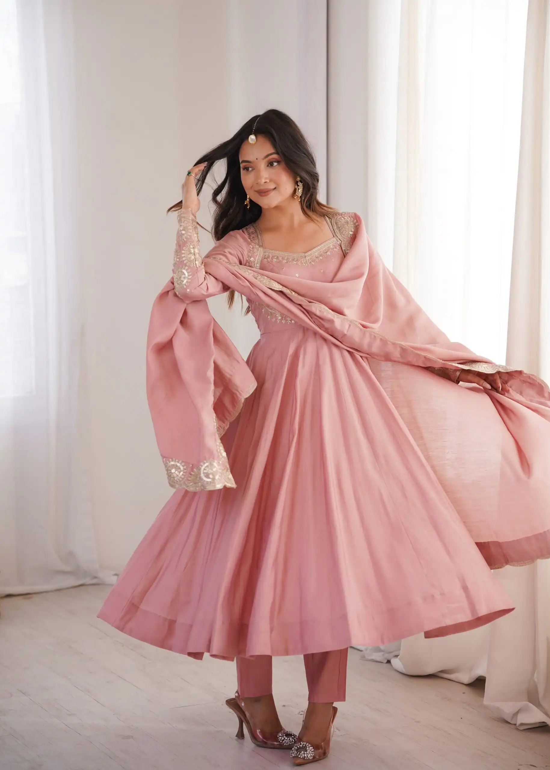 Glowing Pink Roman Silk Embroidery Work Anarkali Suit - Image 8