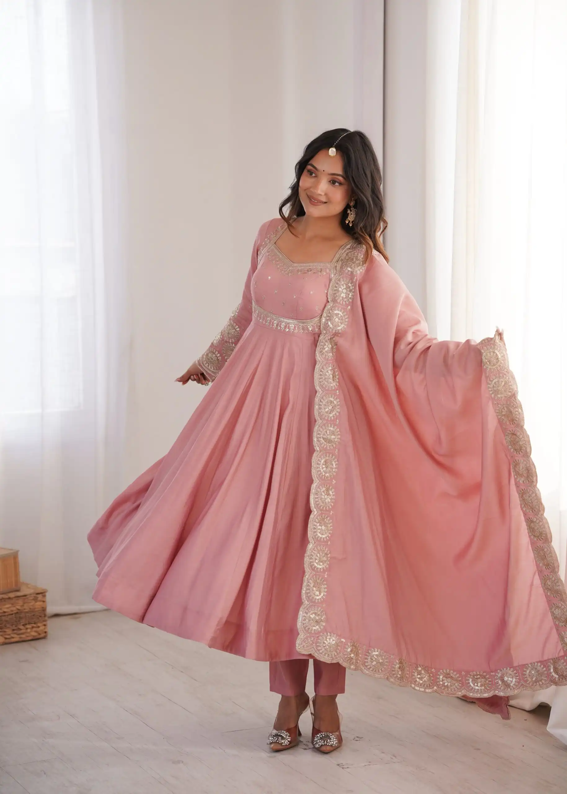 Glowing Pink Roman Silk Embroidery Work Anarkali Suit - Image 7