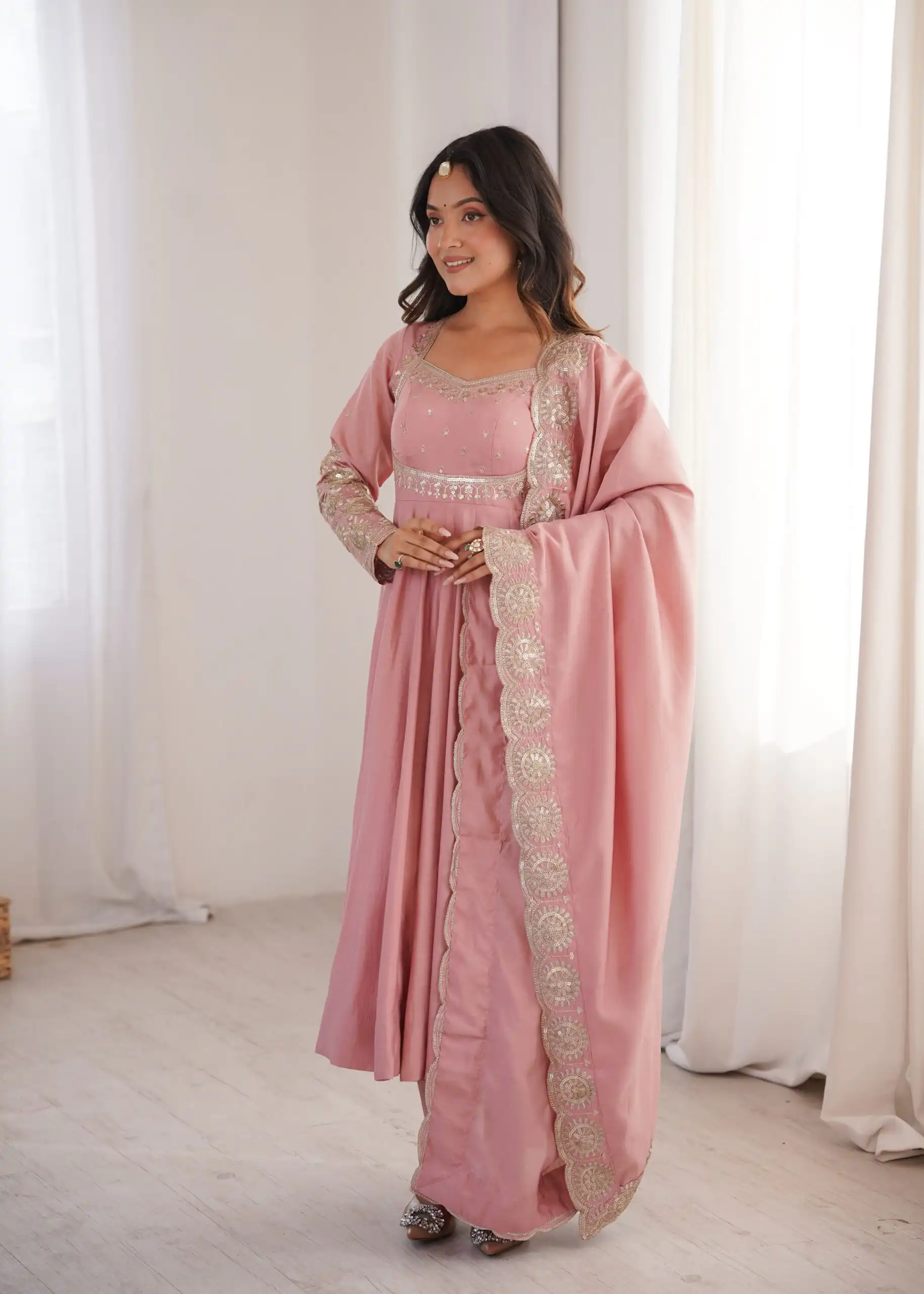 Glowing Pink Roman Silk Embroidery Work Anarkali Suit - Image 5