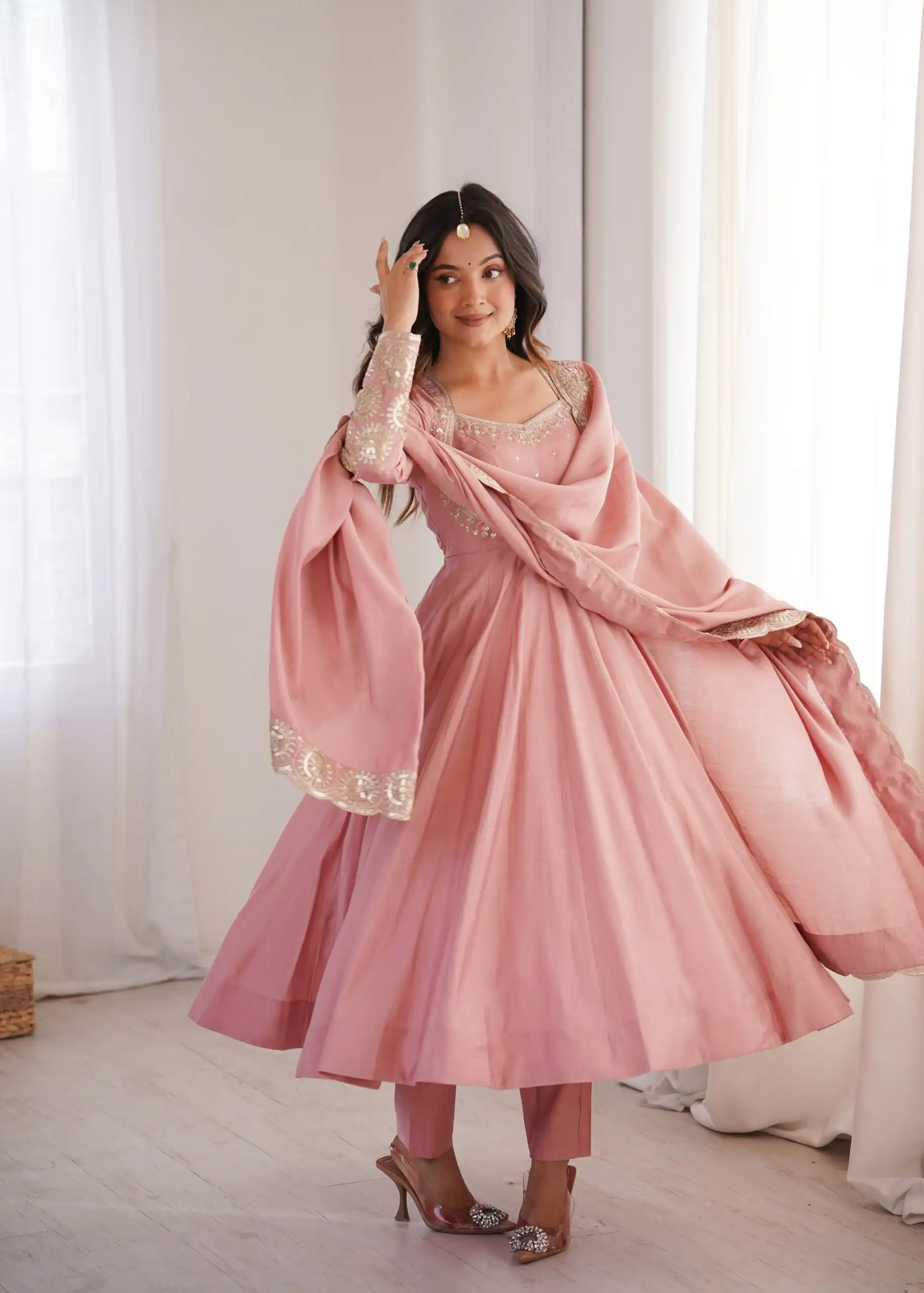 Glowing Pink Roman Silk Embroidery Work Anarkali Suit - Image 4