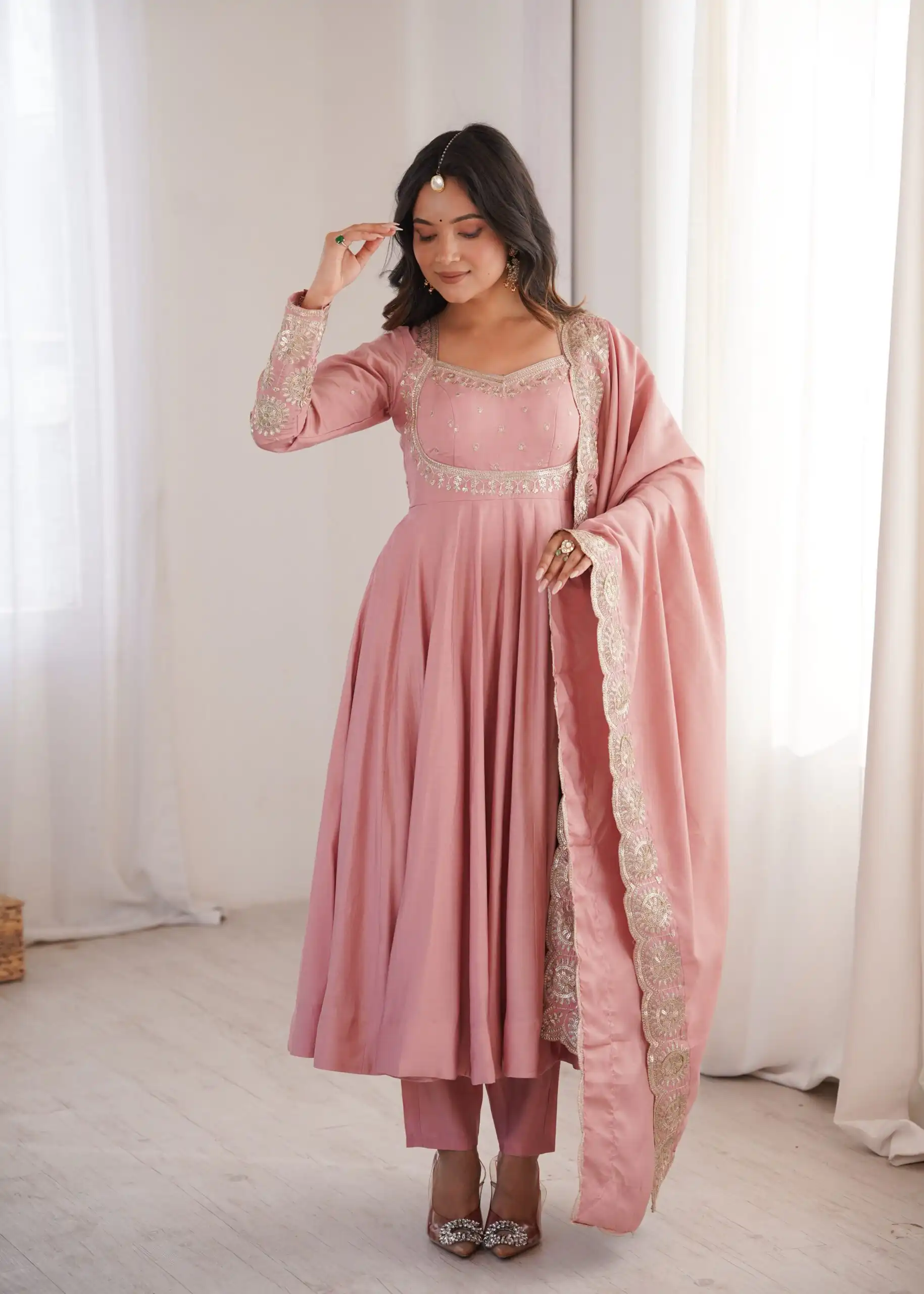 Glowing Pink Roman Silk Embroidery Work Anarkali Suit - Image 2
