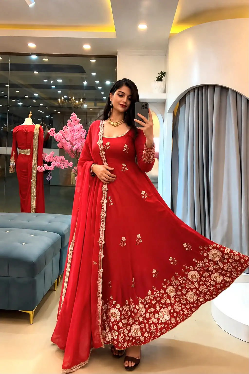 Glowing Red Fendy Silk Sequins Work Gown - Image 3