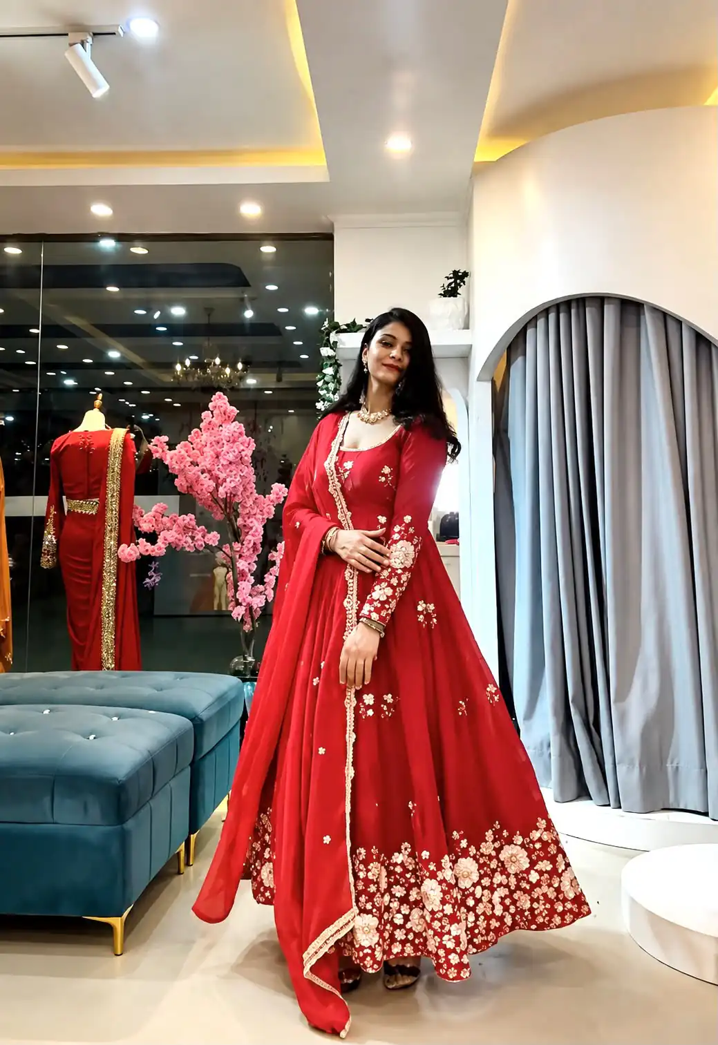Glowing Red Fendy Silk Sequins Work Gown