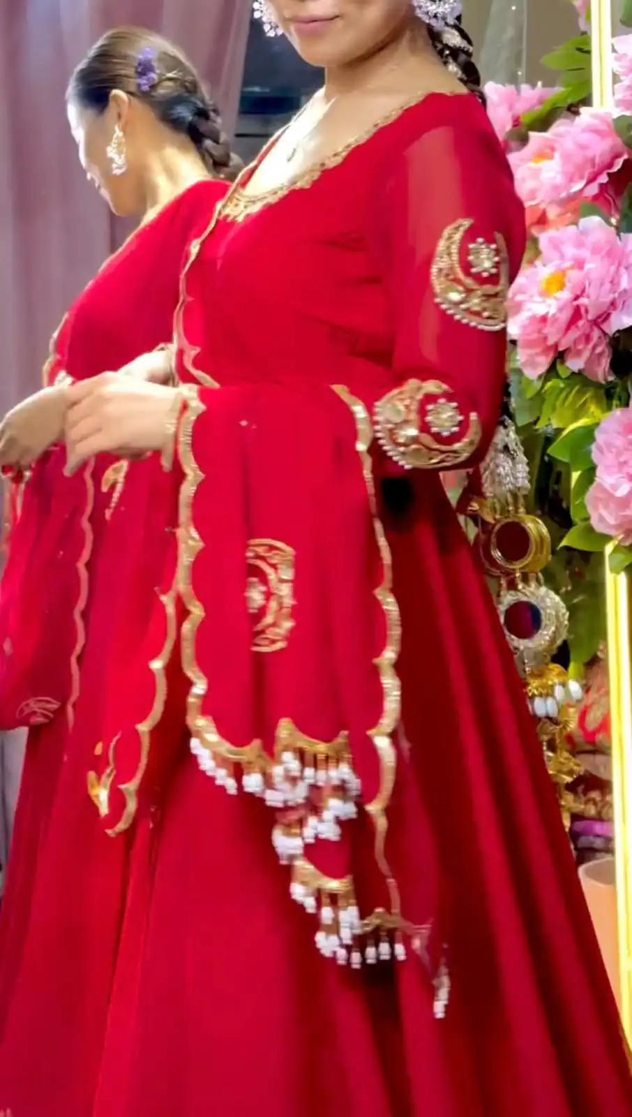 Glowing Red Fox Georgette Embroidery Moti Work Gown - Image 7