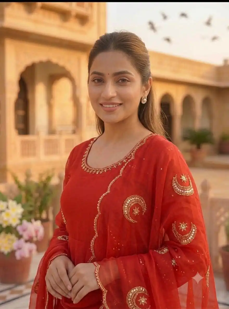 Glowing Red Fox Georgette Embroidery Moti Work Gown - Image 2