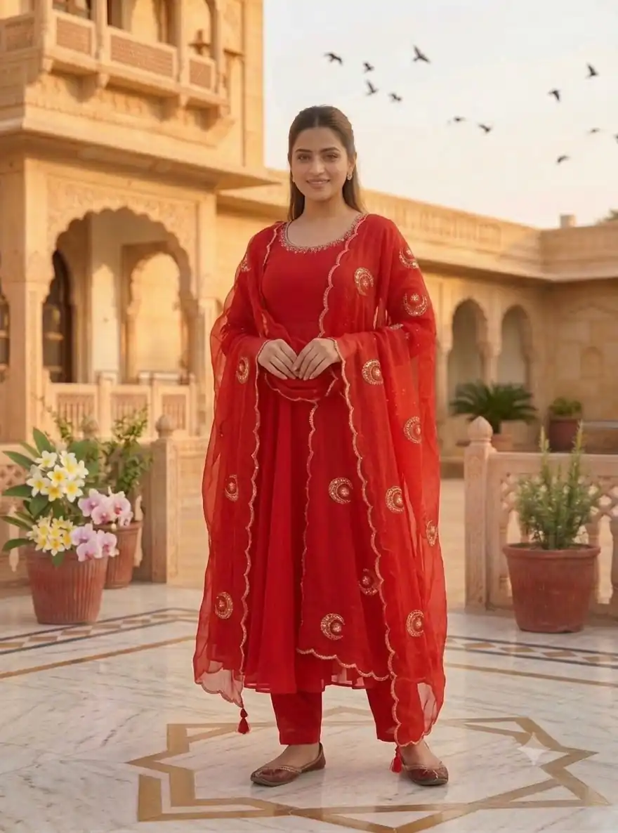 Glowing Red Fox Georgette Embroidery Moti Work Gown