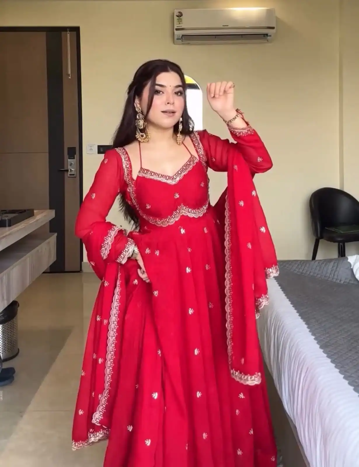 Glowing Red Georgette Sequence Work Gown - Image 4