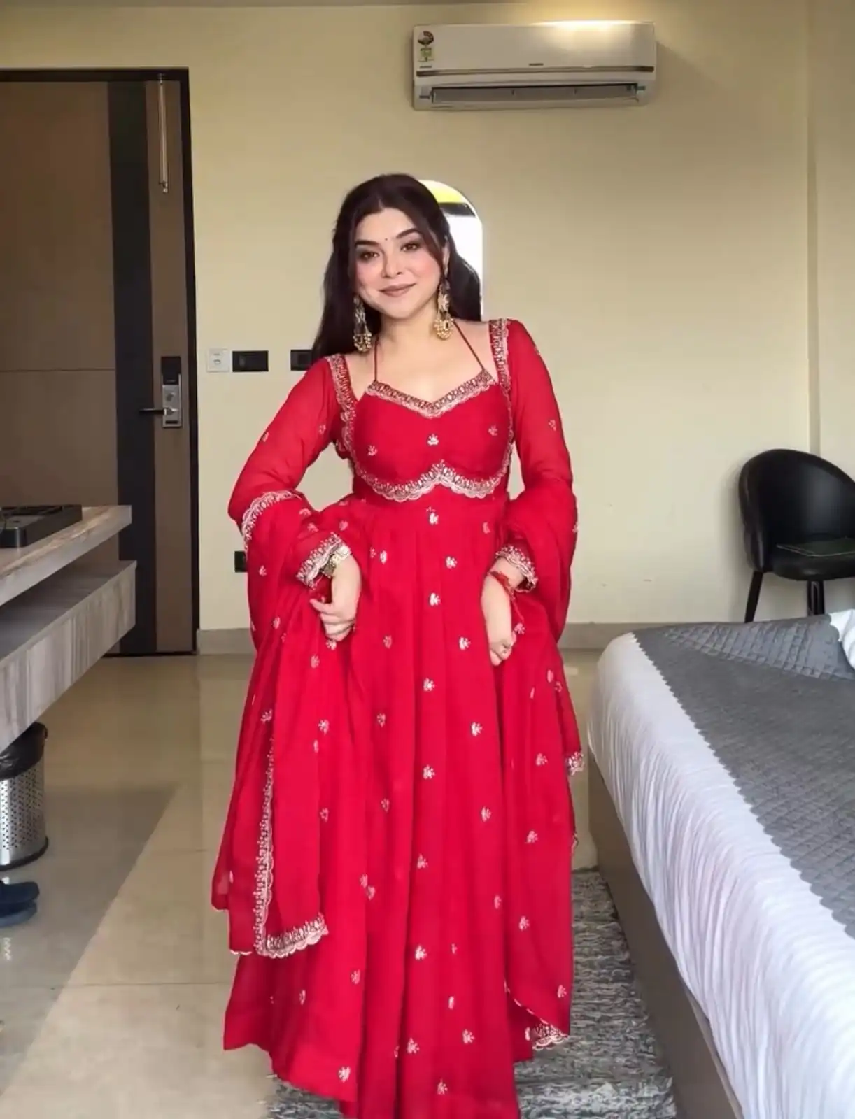 Glowing Red Georgette Sequence Work Gown - Image 3