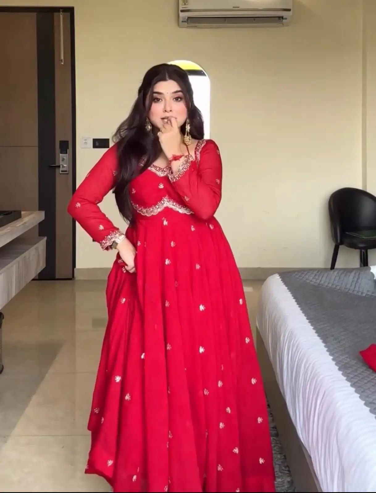 Glowing Red Georgette Sequence Work Gown