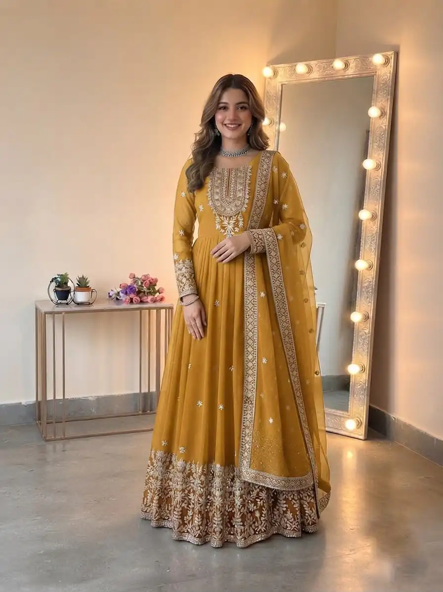 Glowing Yellow Georgette Embroidery Sequins Work Gown - Image 6