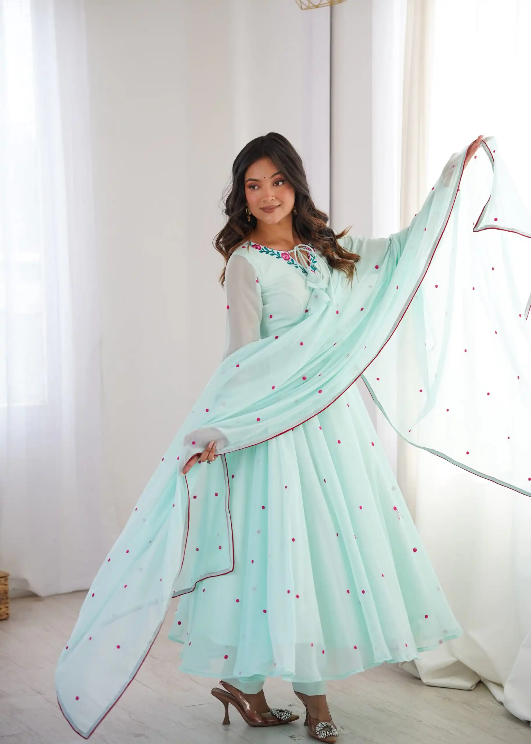 Gorgeous Sky Blue Faux Georgette Embroider Work Salwar Suit