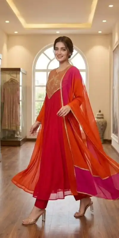 Alternative view of Graceful Red Mul Chanderi Silk Embroider Work Salwar Suit