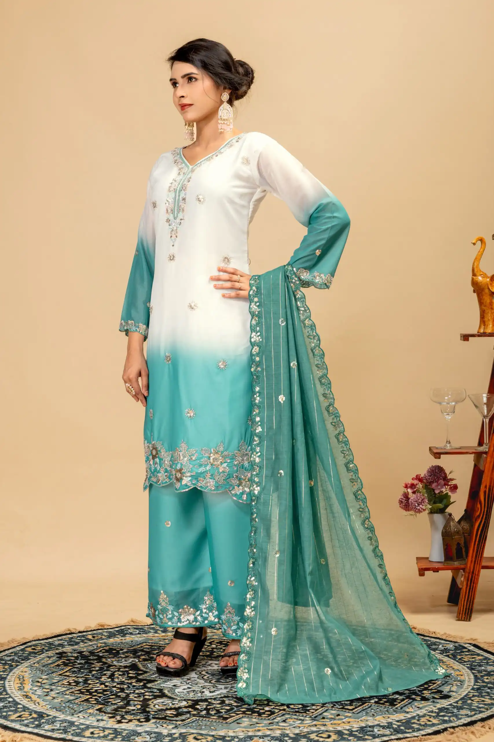 Grand Firozi Star Georgette Beads Work Salwar Suit