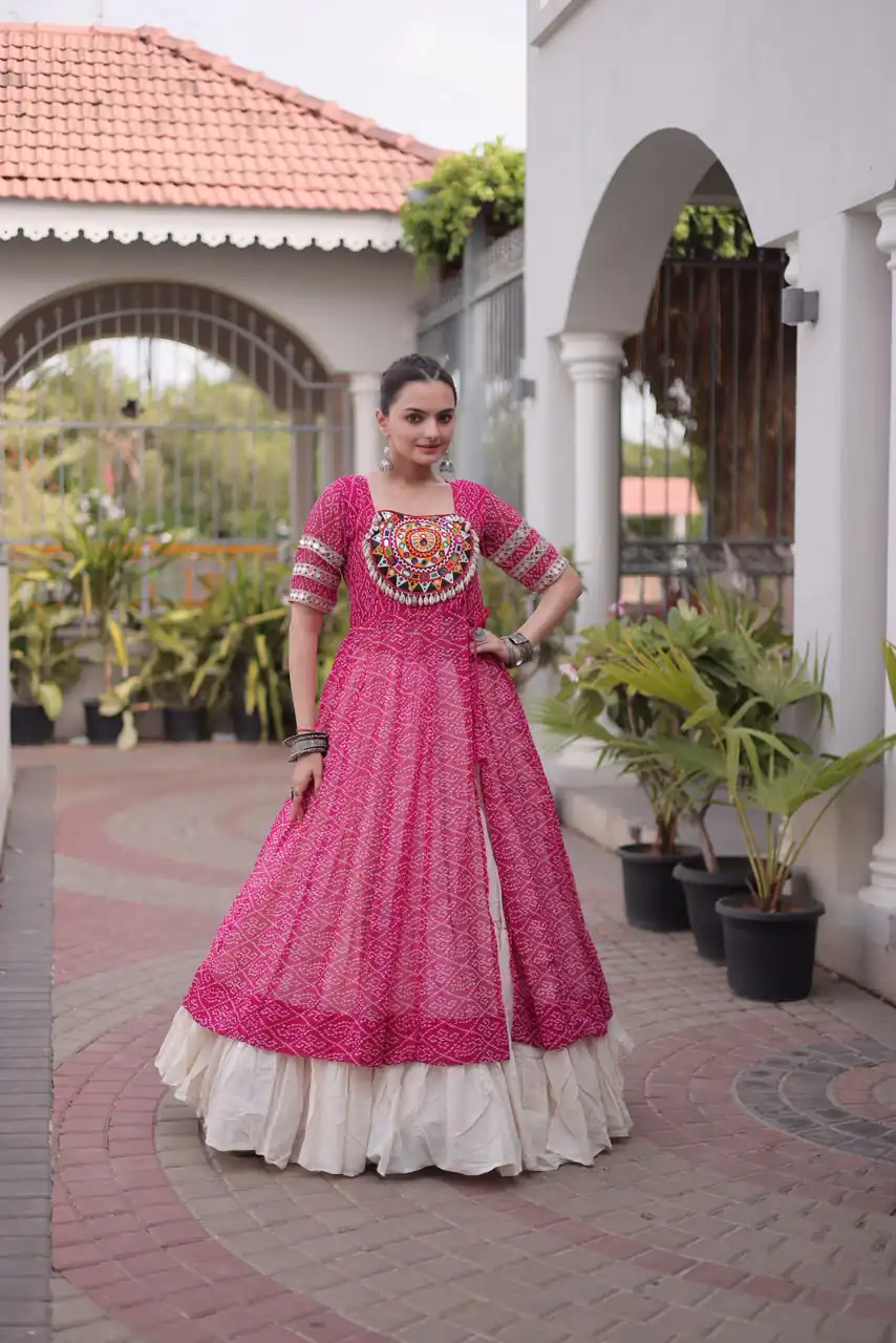 Grand Pink Kora Cotton Bandhani Print Work Lehenga Choli - Image 3