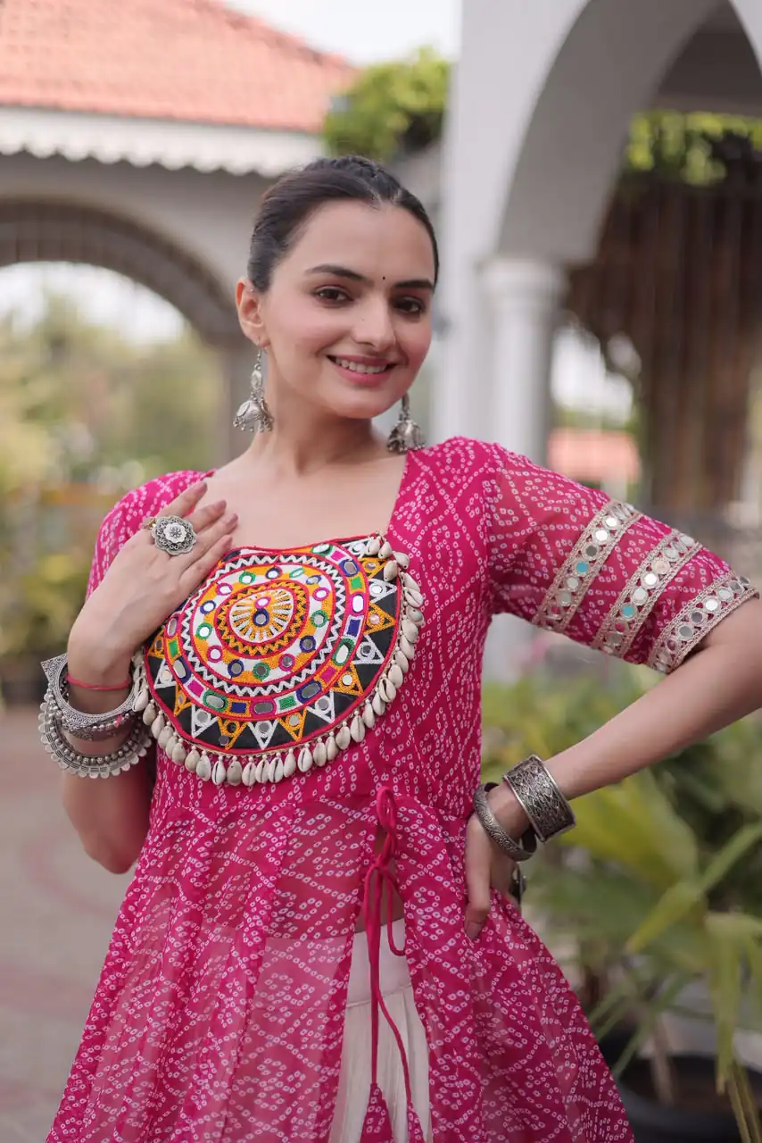 Grand Pink Kora Cotton Bandhani Print Work Lehenga Choli - Image 2