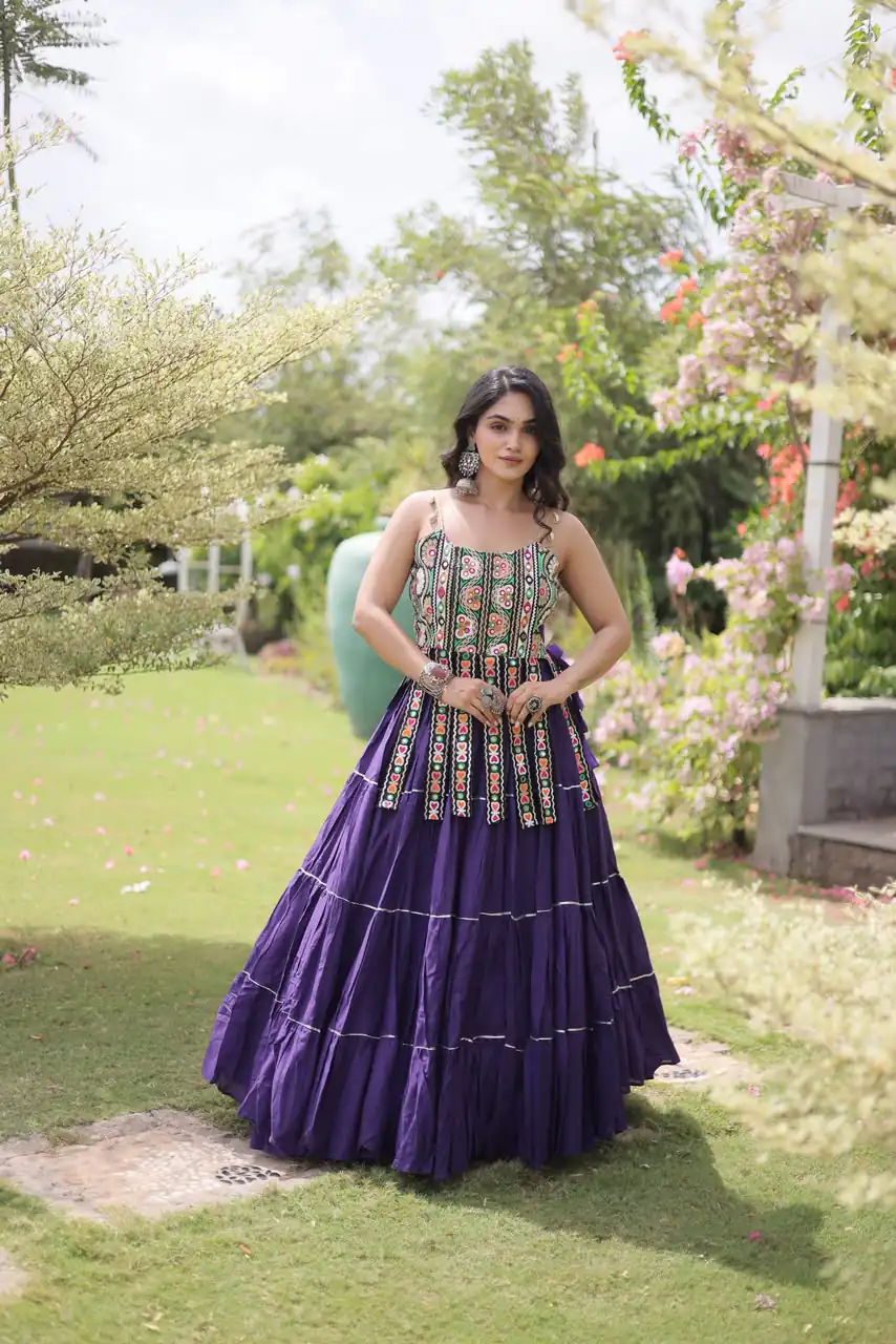 Grand Purple Kora Cotton Kutchi Patch Work Lehenga Choli - Image 3