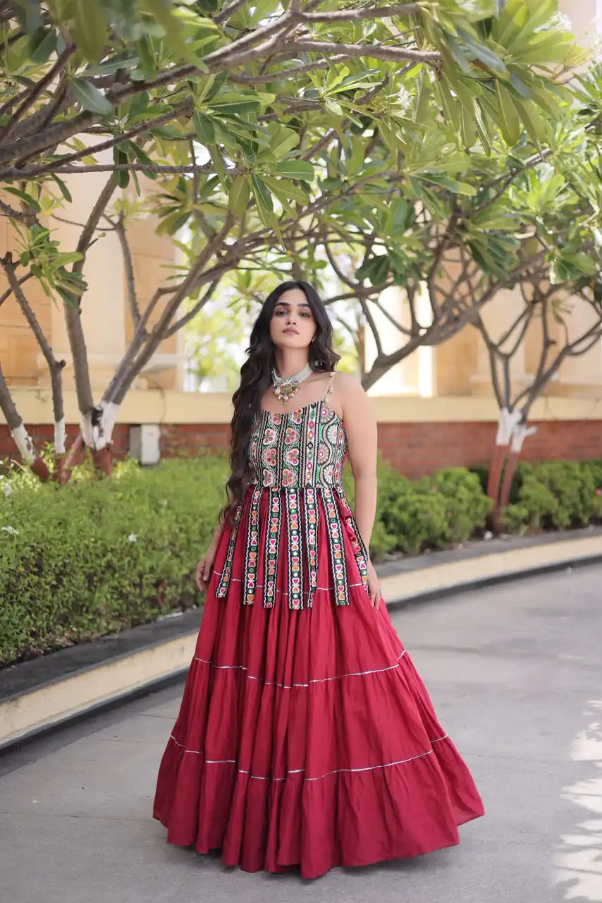 Grand Red Kora Cotton Kutchi Patch Work Lehenga Choli - Image 4