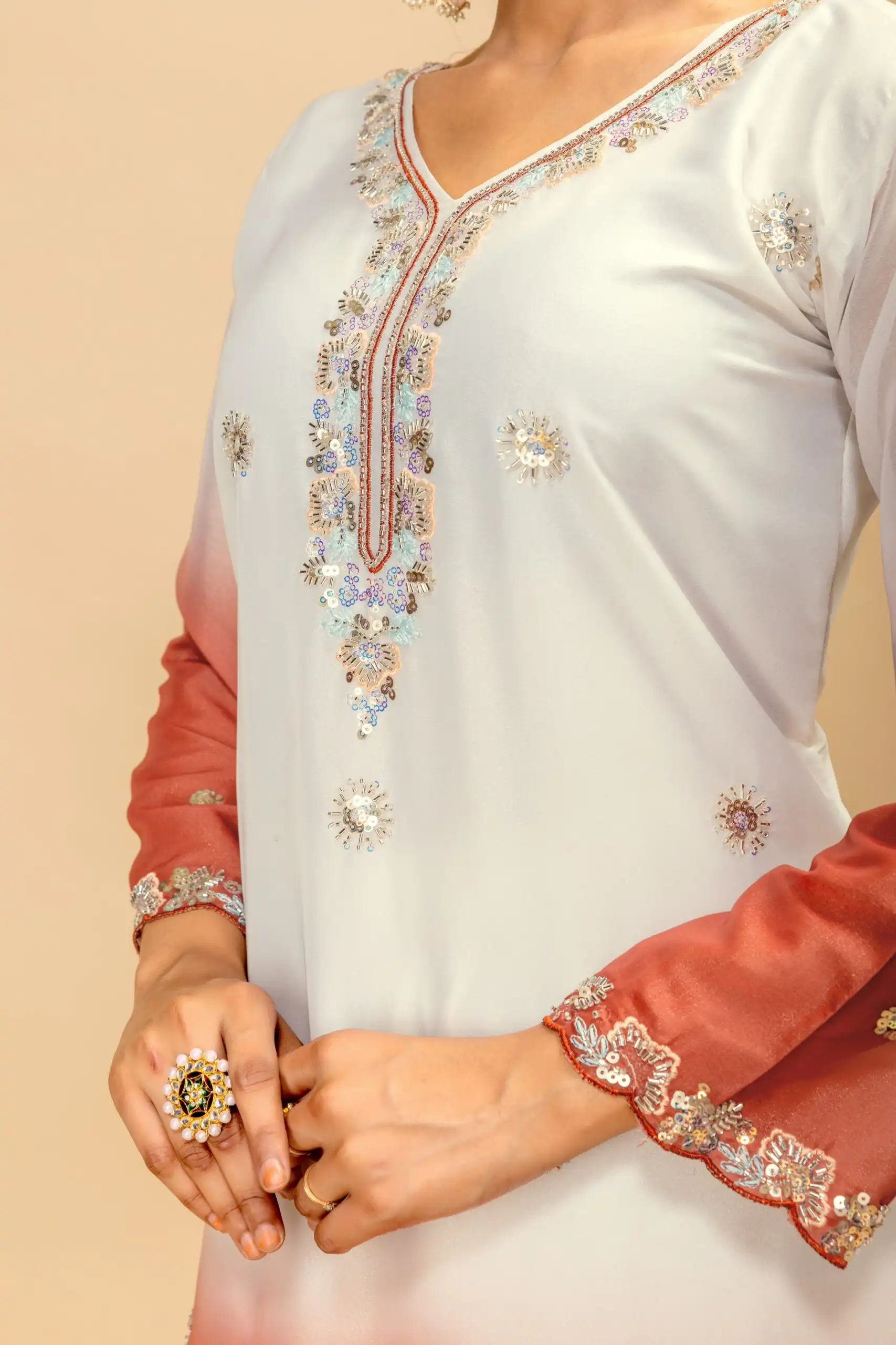 Grand Rust Star Georgette Beads Work Salwar Suit - Image 4