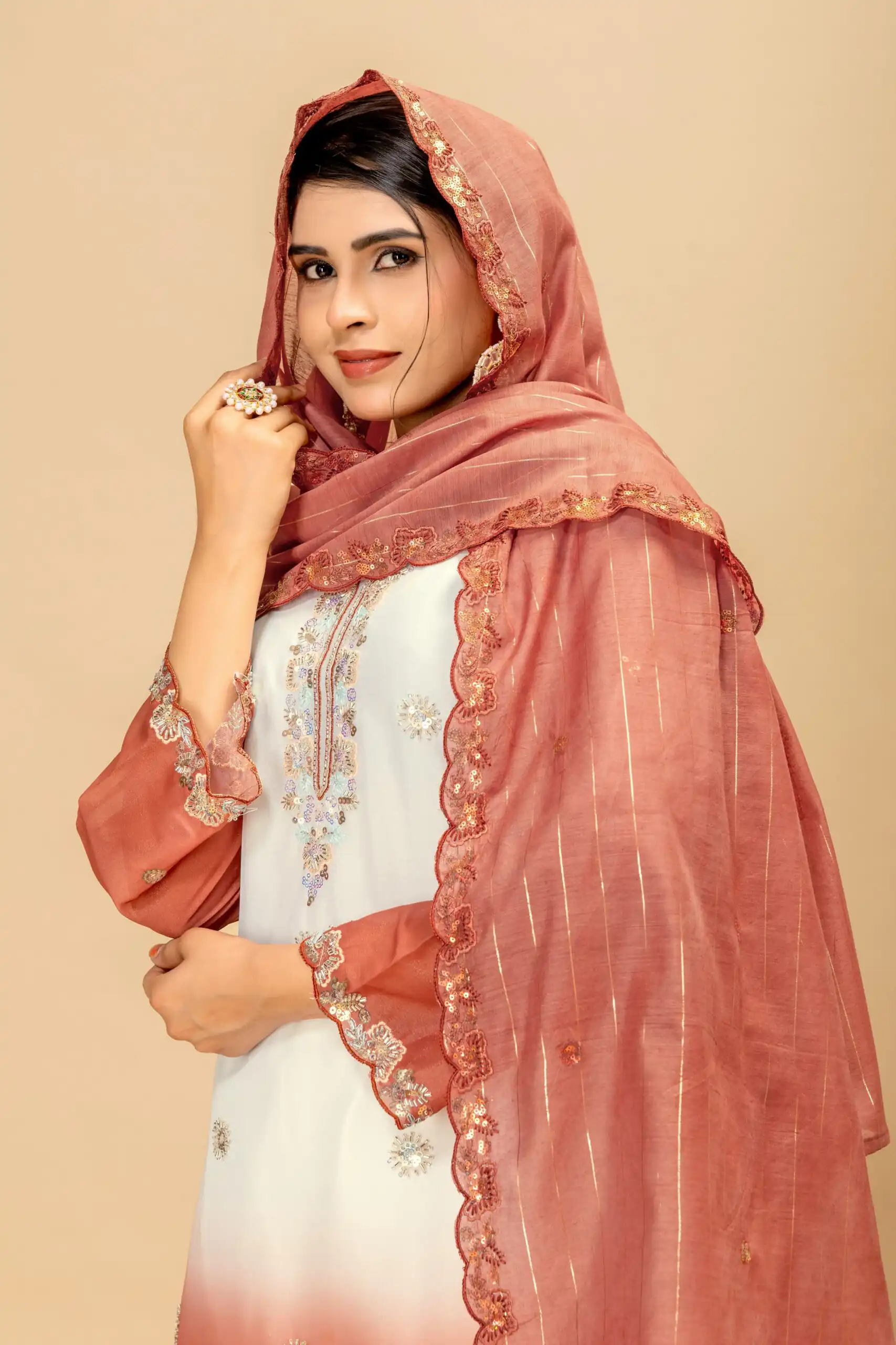 Grand Rust Star Georgette Beads Work Salwar Suit - Image 3
