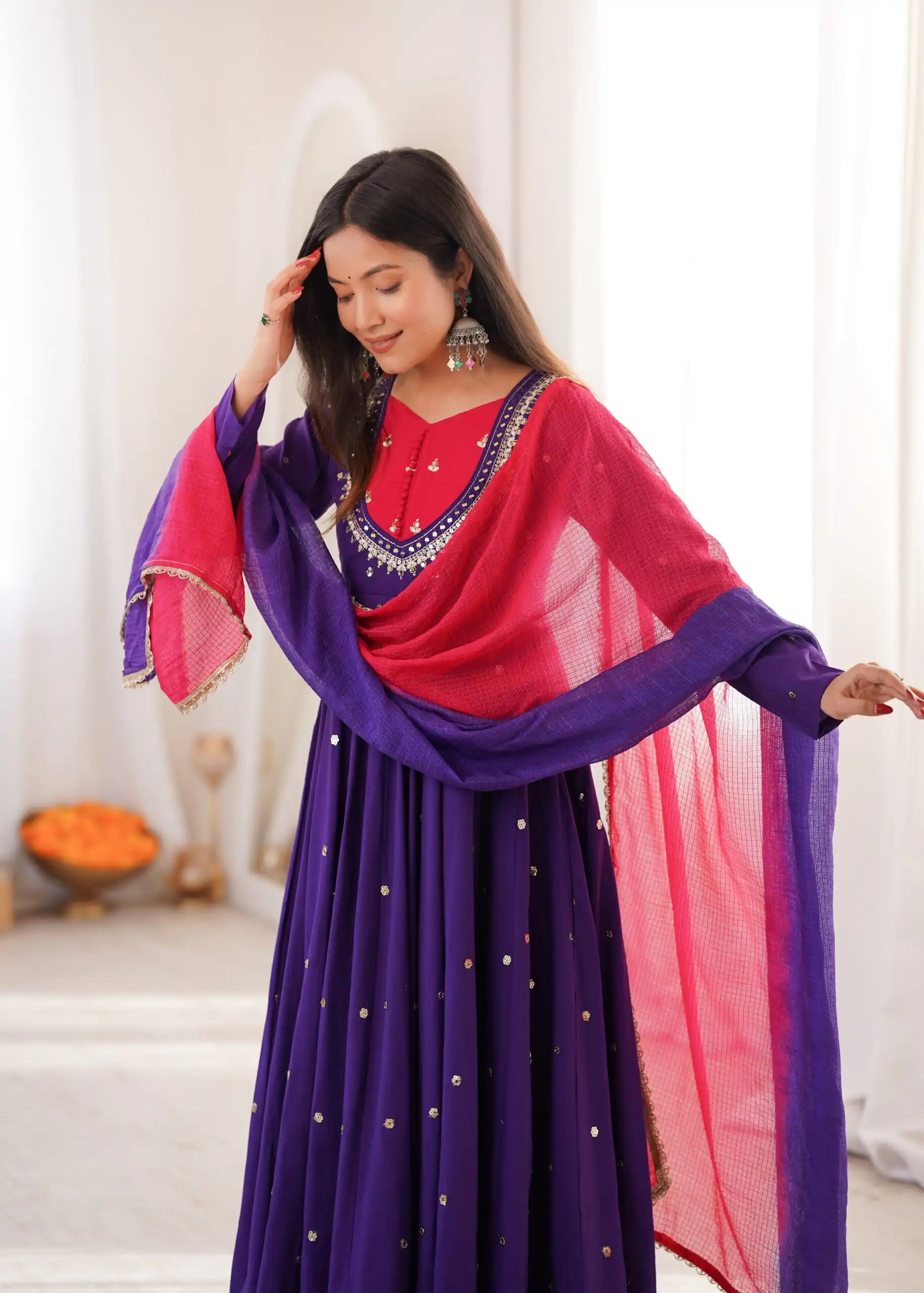 Lovely Purple Roman Silk Mirror Embroidery Work Gown - Image 7