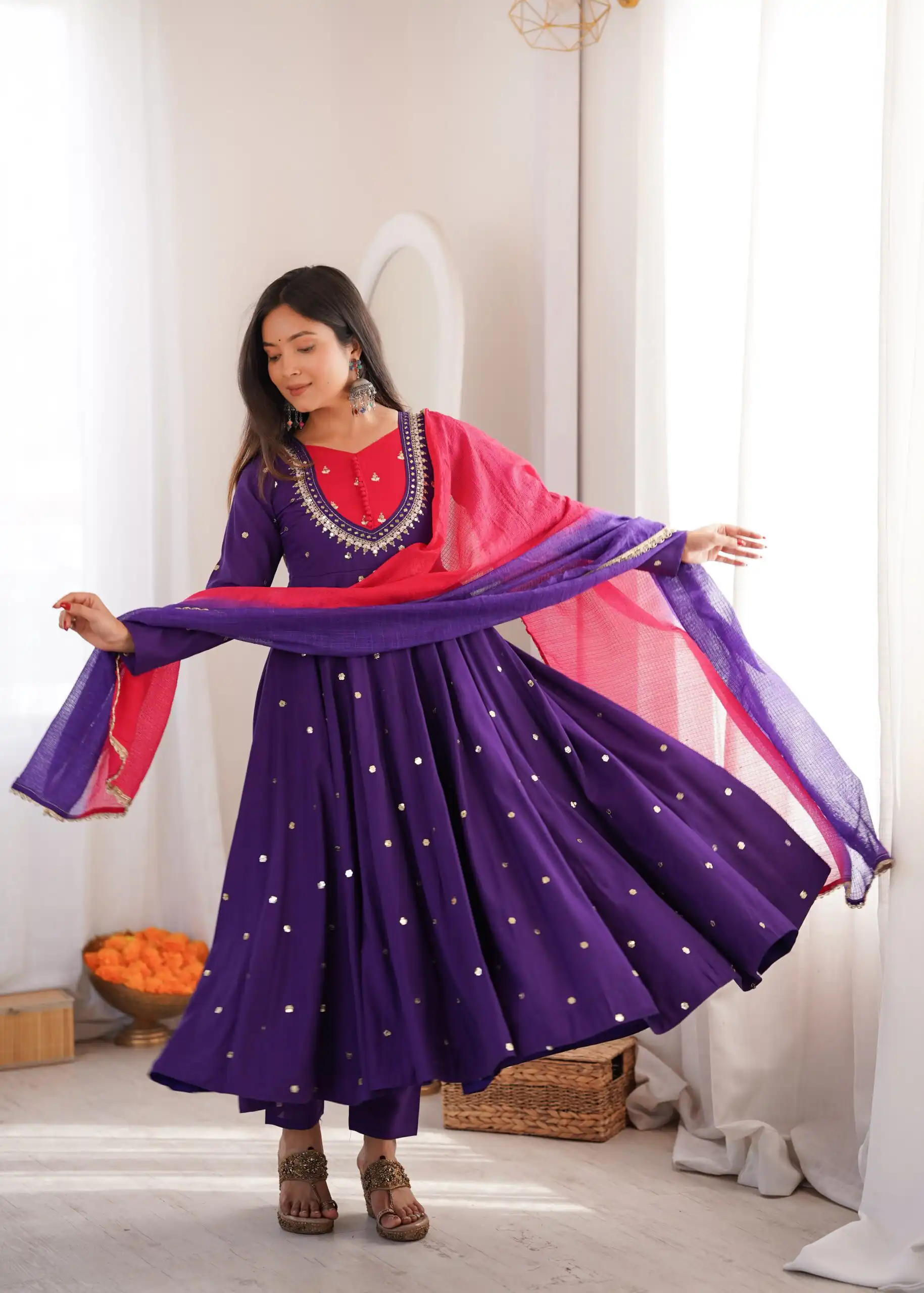 Lovely Purple Roman Silk Mirror Embroidery Work Gown - Image 3