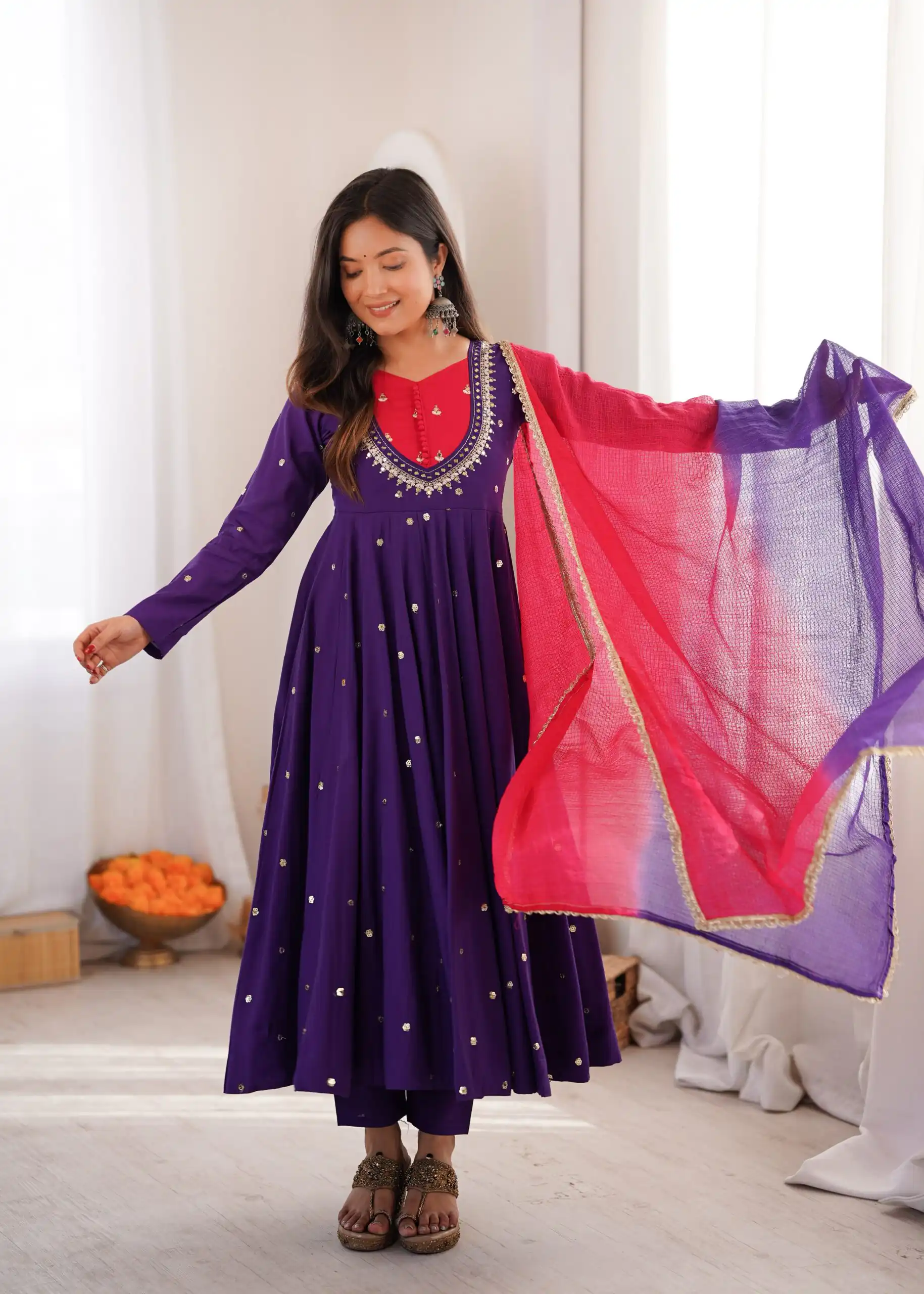 Lovely Purple Roman Silk Mirror Embroidery Work Gown - Image 4
