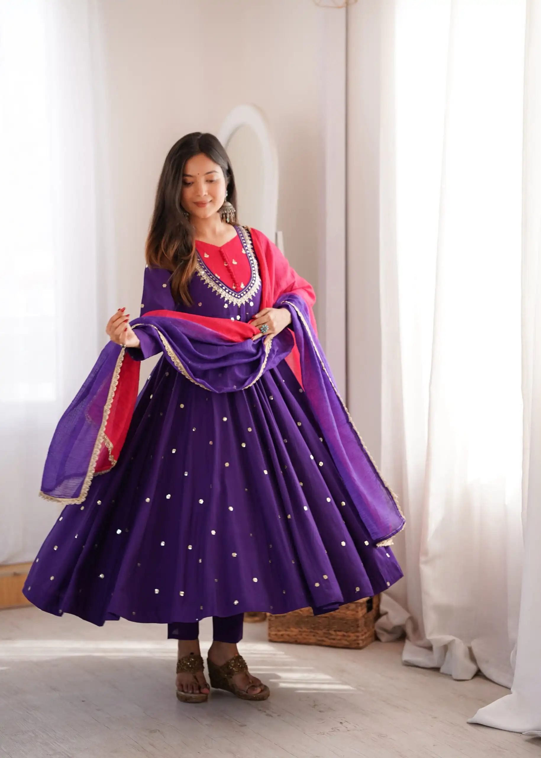 Lovely Purple Roman Silk Mirror Embroidery Work Gown - Image 2