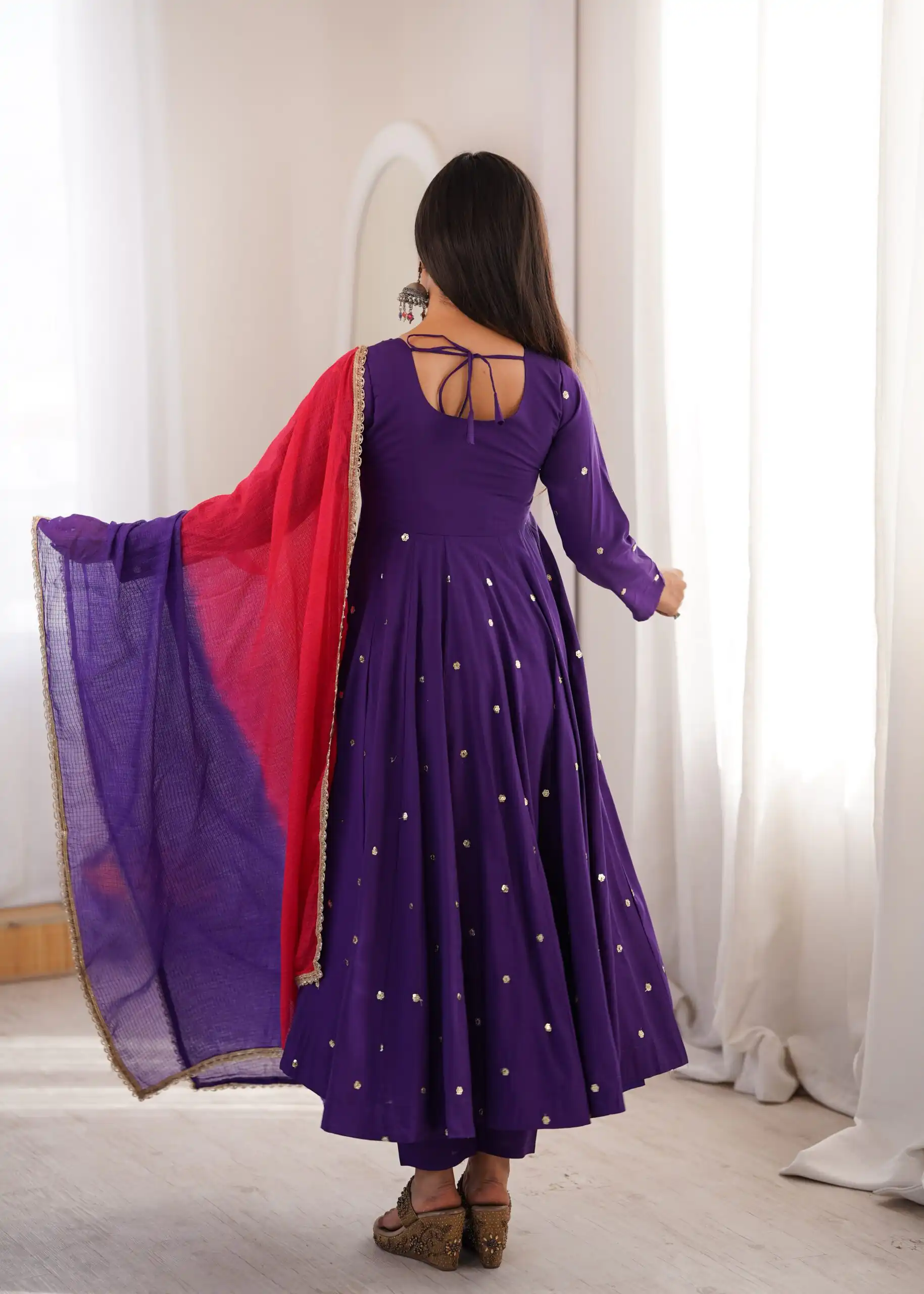 Lovely Purple Roman Silk Mirror Embroidery Work Gown - Image 9