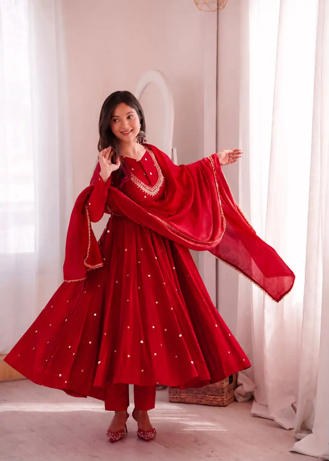 Lovely Red Roman Silk Mirror Embroidery Work Gown - Image 4