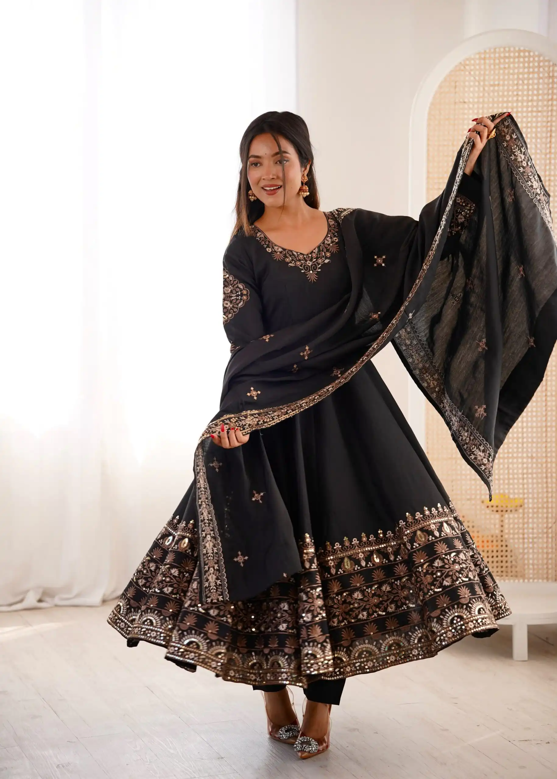 Nice Black Roman Silk Embroidery Work Gown - Image 9