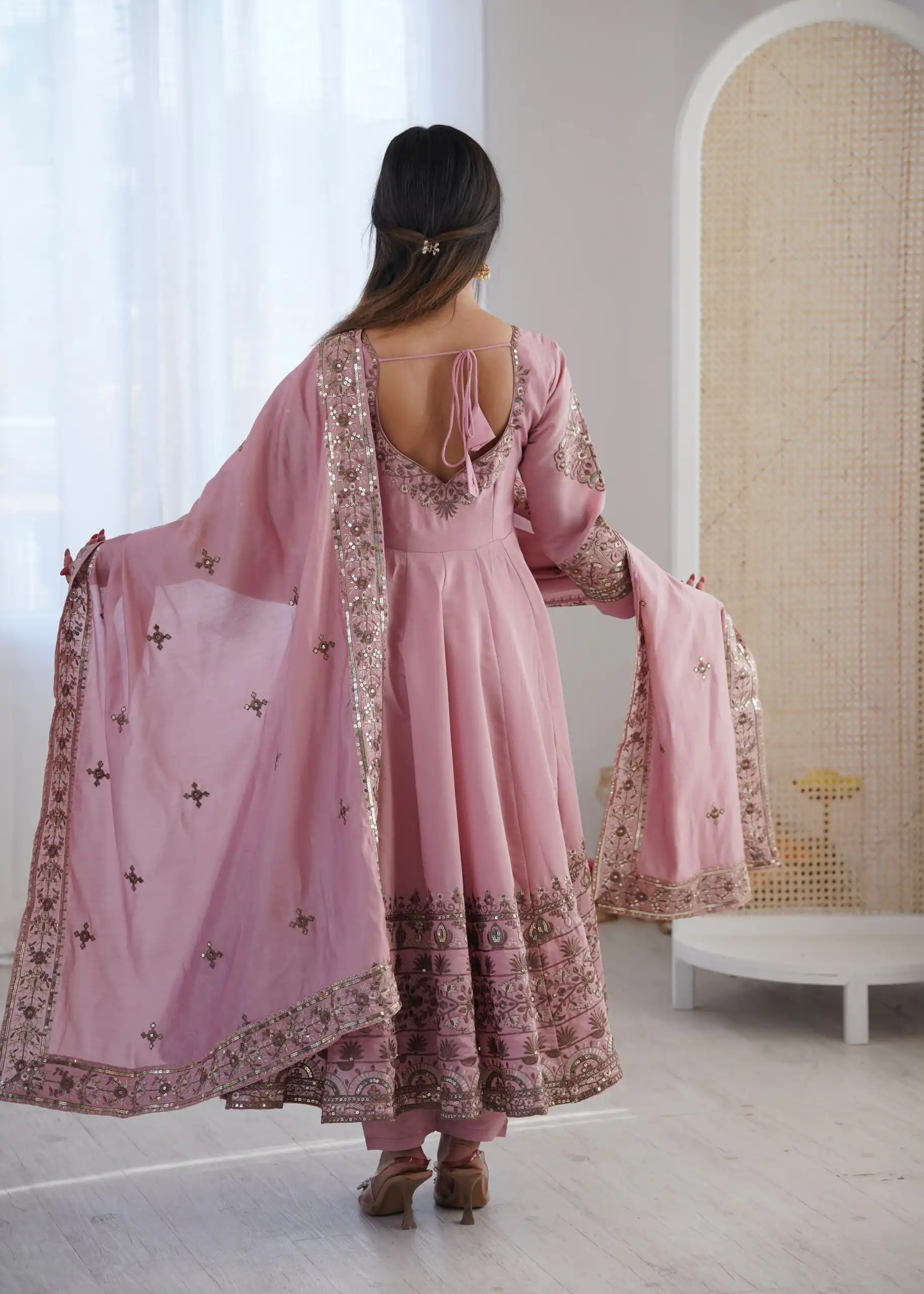 Nice Dusty Pink Roman Silk Embroidery Work Gown - Image 4