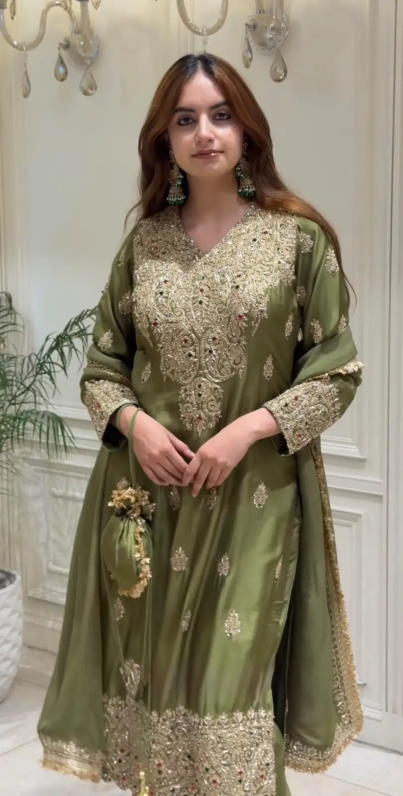 Nice Mehandi Roman Silk Sequences Work Salwar Suit - Image 5