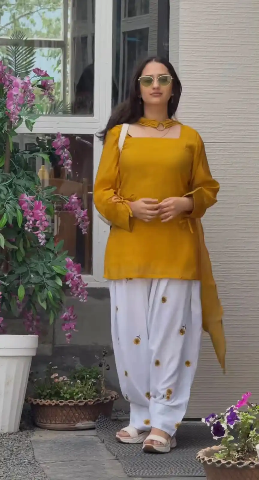 Nice Mustered Roman Cotton Embroidery Work Salwar Suit