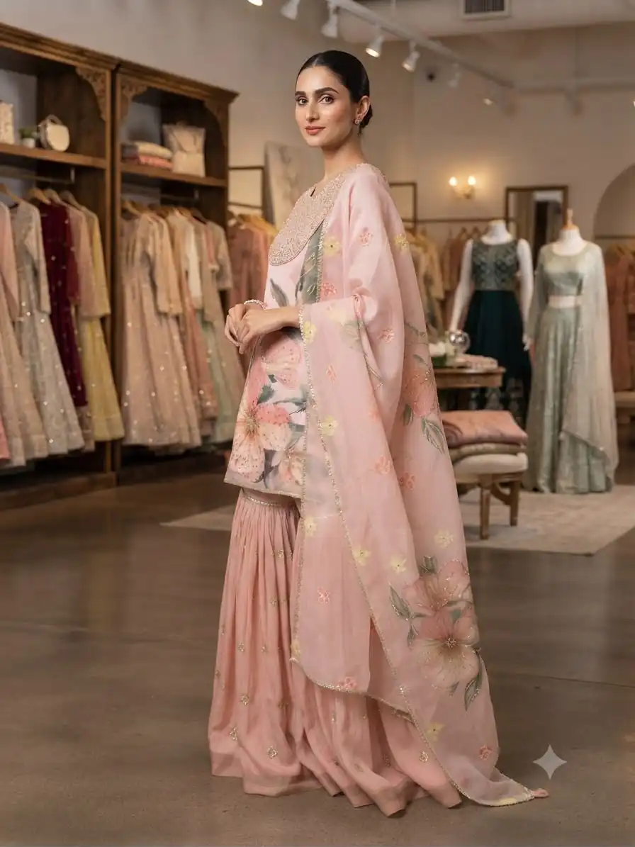 Nice Peach Printed Soft Organza Embroider Work Salwar Suit - Image 3