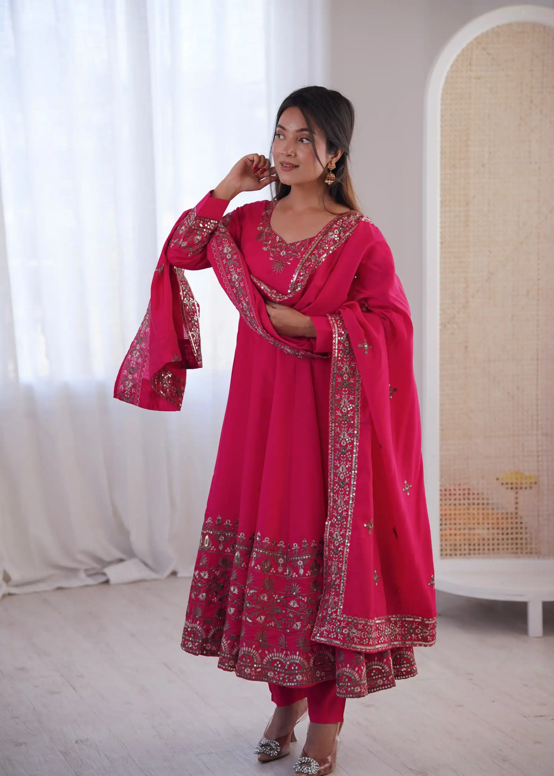 Nice Pink Roman Silk Embroidery Work Gown - Image 4