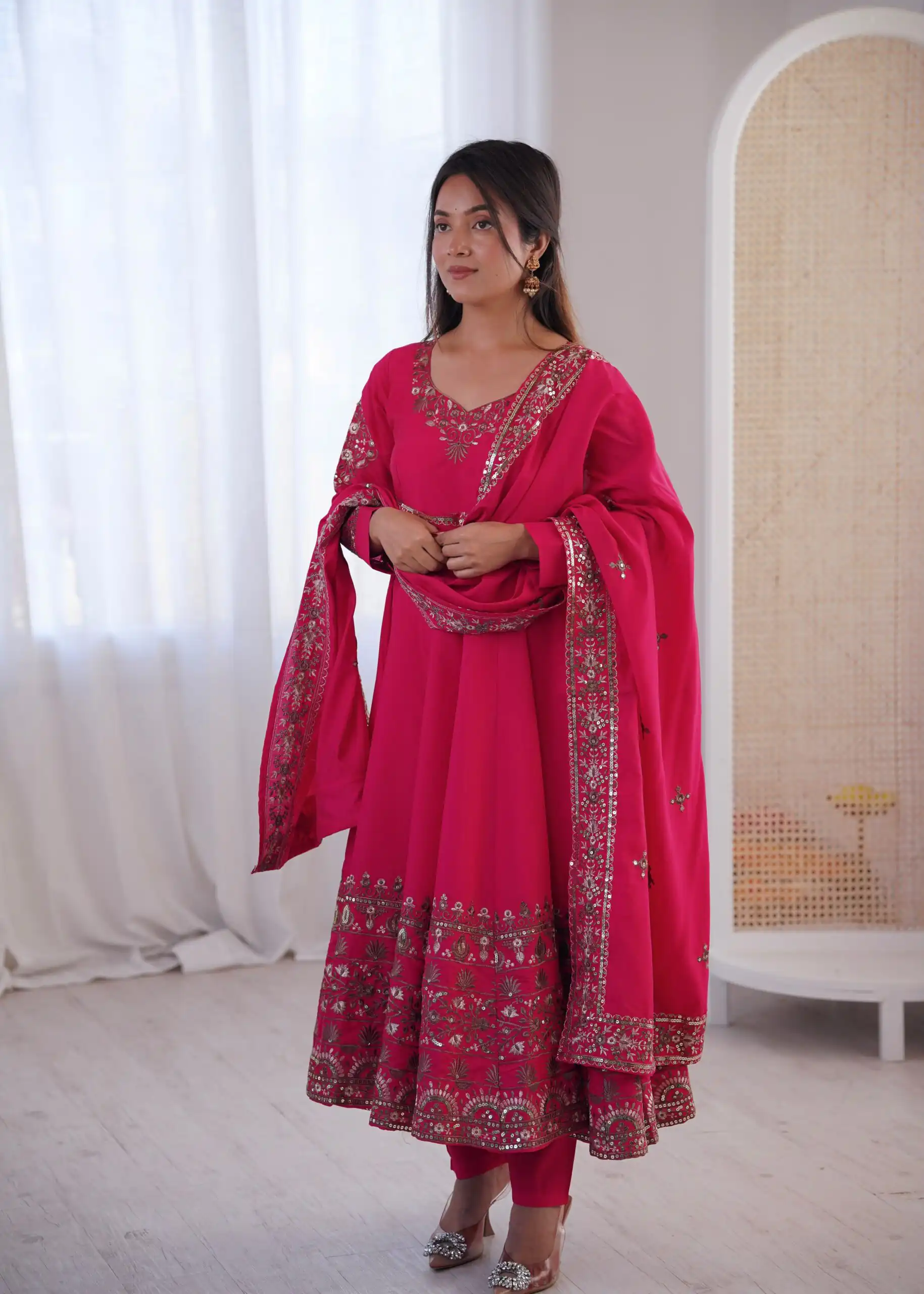 Nice Pink Roman Silk Embroidery Work Gown - Image 6