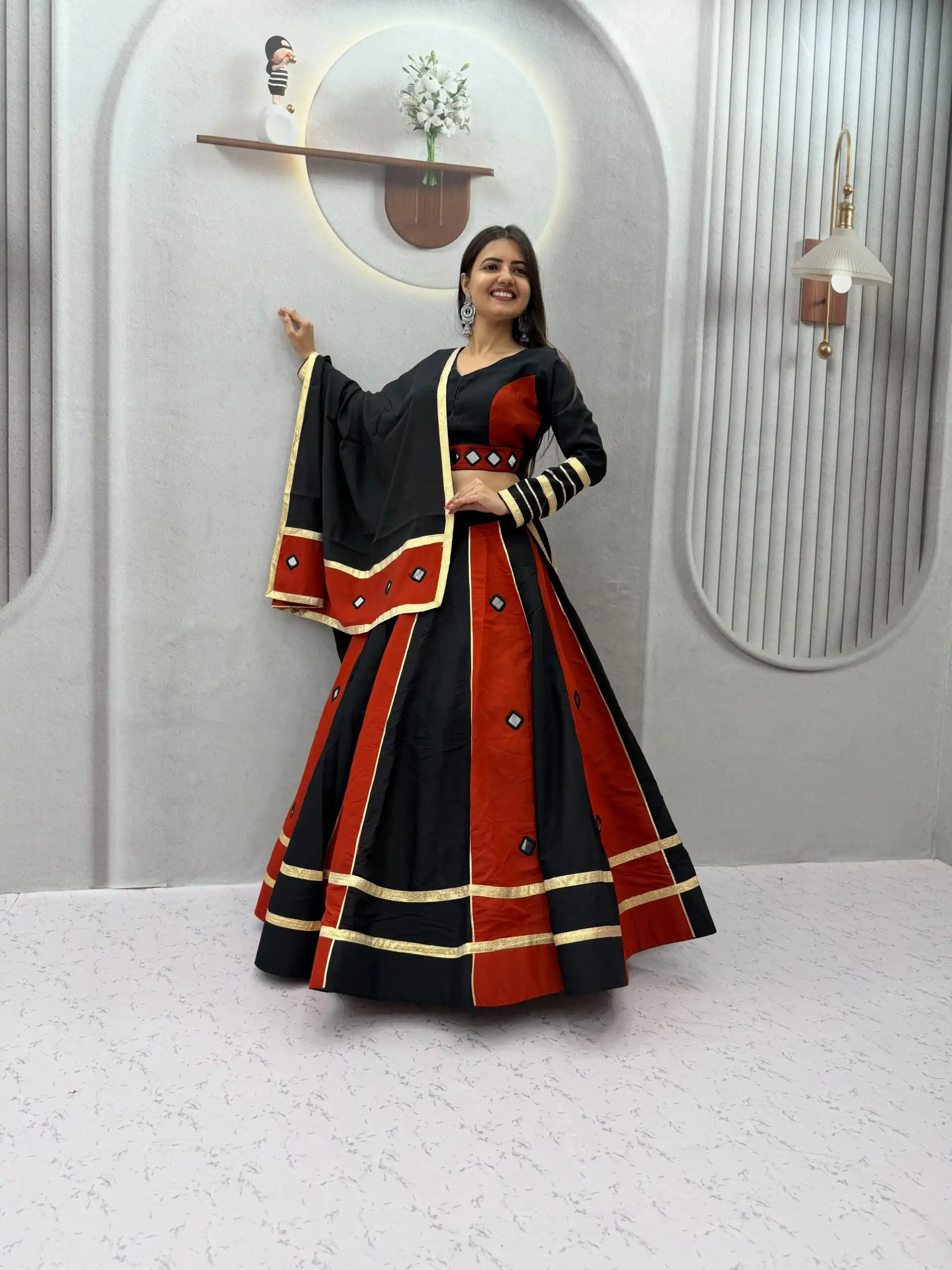 Perfect Black Roman Silk Mirror Work Lehenga Choli - Image 3