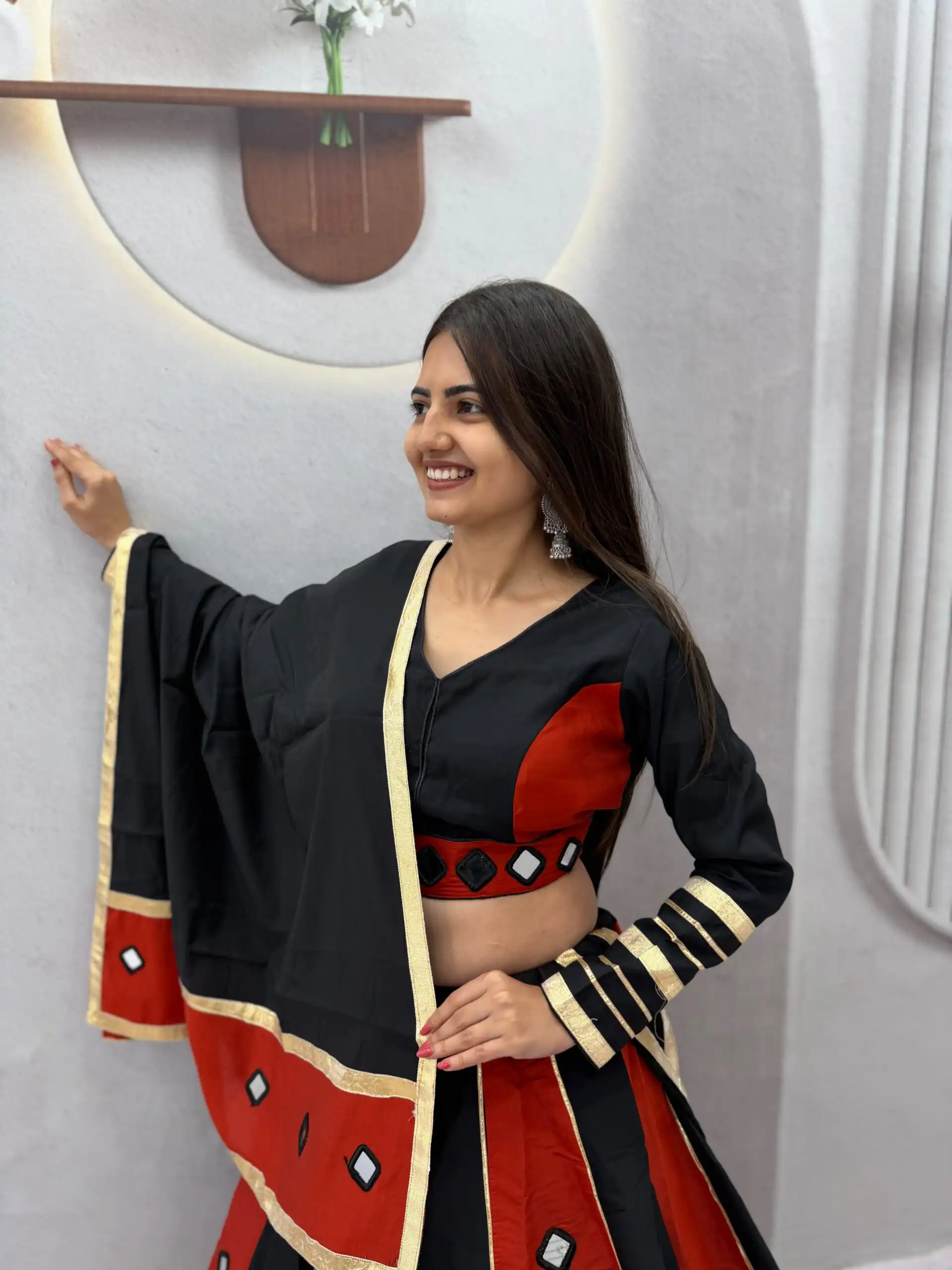 Perfect Black Roman Silk Mirror Work Lehenga Choli